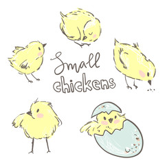 Little yellow chickens. Set of cute characters.