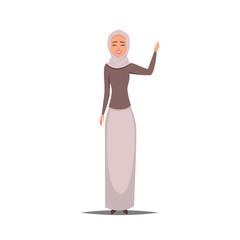 Cartoon business arab woman character with hijab. Smiling girl in hijab with a raised hand welcomes. Young Arabic business woman wearing hijab.Vector illustration isolated from white