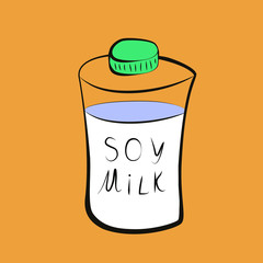 Vector illustration in doodle style. Bottle with vegan soy milk, isolated illustration on orange background. Can be used for restaurant menus, site design, etc.