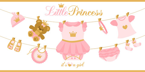 Little princess clothes hanging on line. Illustration for baby shower invitation card. Royal birthday first party. Cute vector things isolated on white background. Pink and gold crown. Teddy bear girl
