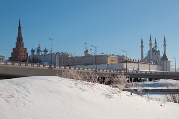 Bridge through river Kazanka and Kremlin. Kazan, Russia