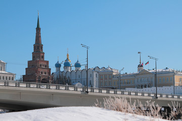 Bridge through river Kazanka and Suyumbike Tower. Kazan, Russia
