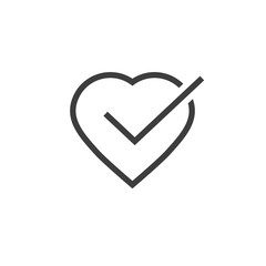 Heart tick icon vector illustration, line outline art healthy heart with checkmark symbol, idea of confirmed or approved good health