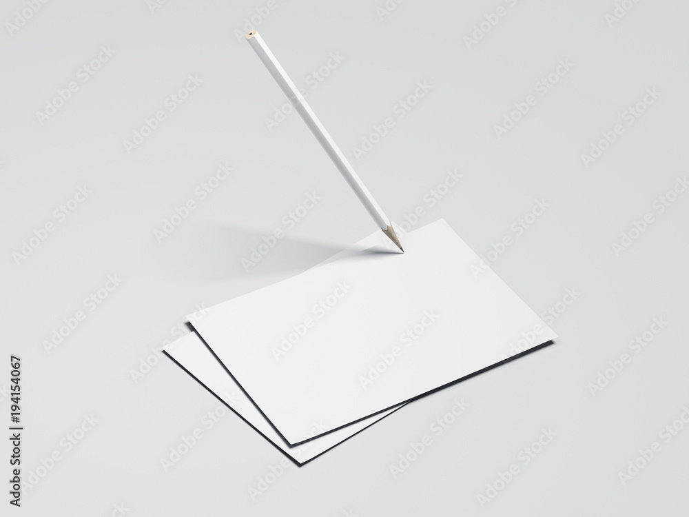 Poster white paper sheets with pencil. 3d rendering