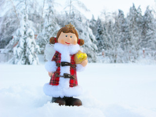 happy angel christmas greeting card with snow and snowflakes