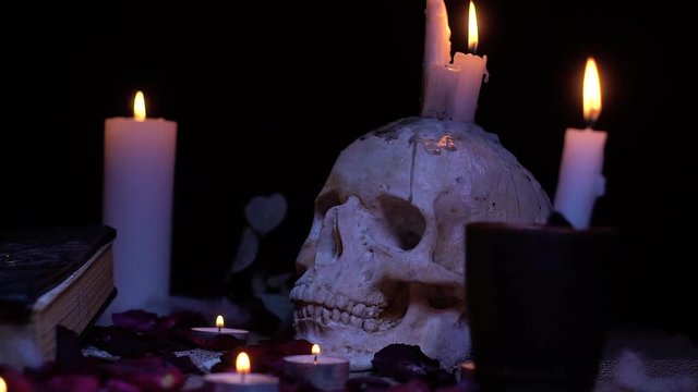 The human skull and the ancient book, the magic rite