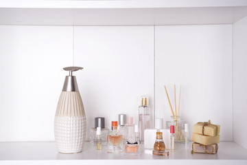 Set of various woman perfumes isolated