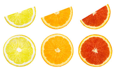 Collage of fresh citrus isolated on white background with clipping path