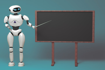 Android robot with pointer stick on blue background. 3d illustration. Robot teacher standing in front of blackboard