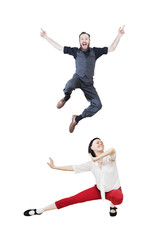Lindy hop or rock'n'roll dance boogie woogie. Boogie acrobatic stunt in a studio background. Dance for rock-n-roll music.