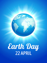 Earth Day poster. Vector illustration of blue globe planet on the flash star background