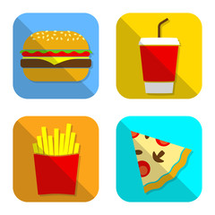 Fast food icon set with hamburger, pizza, French fries and drink. Vector illustration.