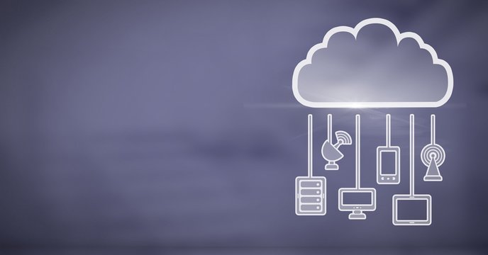cloud icon and hanging connection devices with blue background