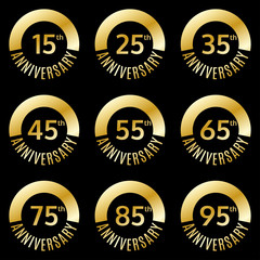 Anniversary icon or label set. 15,25,35,45,55,65,75,85,95 th years celebration and congratulation emblem. Vector illustration.