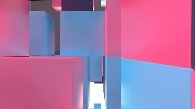 A futuristic 3d rendering of multicolored cubes moving in a holographic cyberspace. They turn right and left in an enigmatic way. They look like a sci-fi reality.