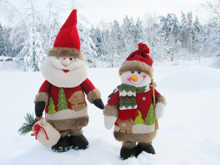 happy santa snowman christmas greeting card with snow and snowflakes