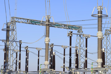 Power high voltage electric substation. Industrial electrical equipment on power station