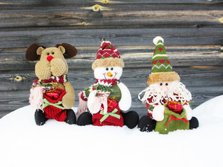 happy santa snowman elk christmas greeting card with snow and snowflakes