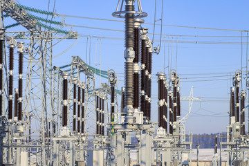 Power switching devices at a high-voltage substation. Industrial electrical equipment. Power supply...