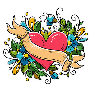 Tattoo red heart decorated ribbon, blue flowers, leaves, curls.Holiday illustration for Valentines Day.Old school tattoo