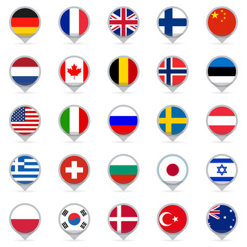 Flag icon set. Map pointers or markers with flags of USA, UK, Holland, Germany, Italy, Canada, France, Russia, China, Finland, Norway, Sweden, Australia,  Israel, Japan, Switzerland, Korea. Vector.