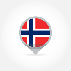 Flag of Norway icon in shape of map pointer or marker. Norwegian national symbol. Vector illustration.