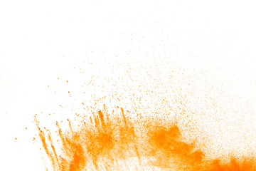 abstract orange dust explosion on  white background. abstract orange powder splattered on white background, Freeze motion of orange powder exploding.