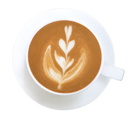 Top view of hot coffee cappuccino latte art isolated on white background, clipping path included