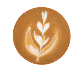Top view of hot coffee cappuccino latte art isolated on white background, clipping path included