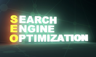 Acronym SEO - Search Engine Optimization. Business conceptual image. 3D rendering. Neon bulb illumination