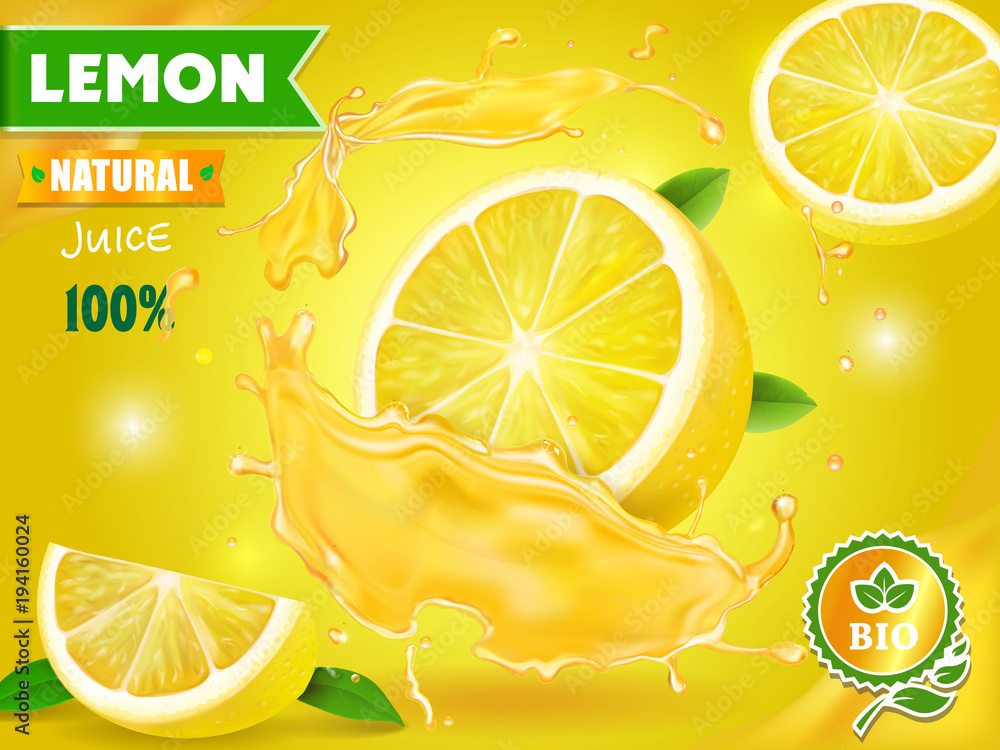 Poster lemon juice advertising citrus with realistic fresh fruit. vector ads design packaging