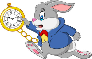 Naklejka premium Kreskówka królik trzyma zegarek