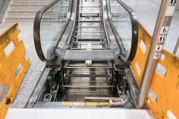 Repair and maintenance work - change a parts of escalator.
Escalator construction works.