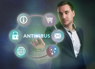 Business, Technology, Internet and network concept. Young businessman working on a virtual screen...