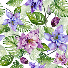 Beautiful columbine flowers or aquilegia and exotic monstera leaves on white background. Watercolor painting. Tropical seamless floral pattern.
