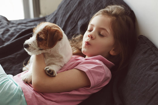 Portrait of little girl hugging with puppy of Jack Russell Terrier dog on the bad with black sheets and giving kisses to a dog