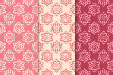 Set of red floral ornaments. Cherry pink vertical seamless patterns