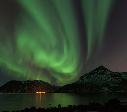 Green Northern Light (Aurora Borealis) in a clear starry night above a Norwegian fjord, Tromsø, Norway
