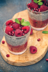 Chia seed pudding with fresh raspberries and pomegranates
