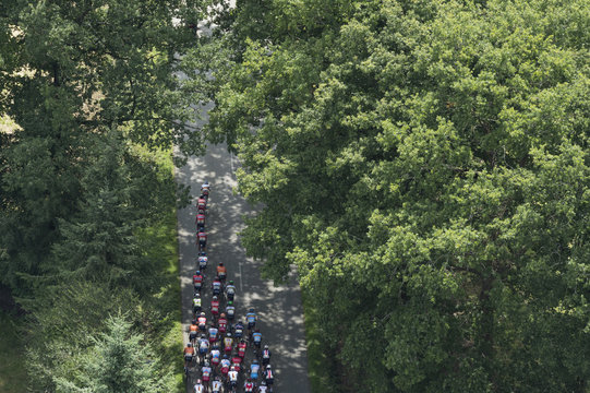 aerial image of cycling tour de l'Avenir, the peloton crossing a forest