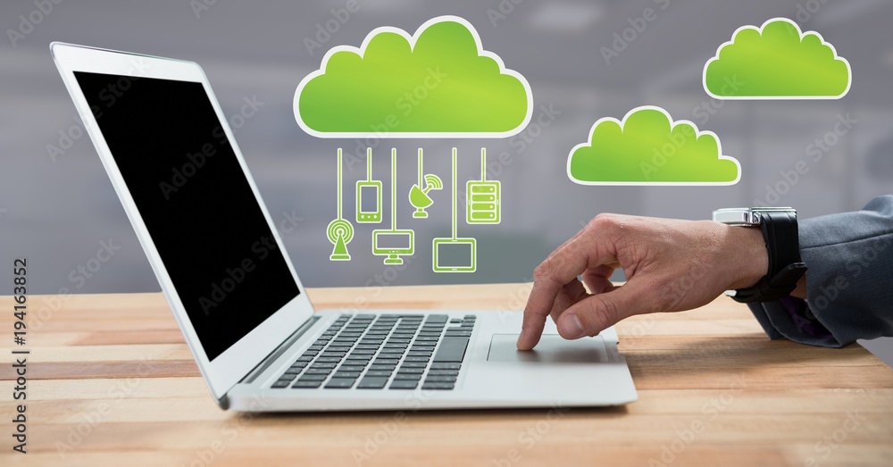 Poster hand using laptop with clouds icon and hanging connection