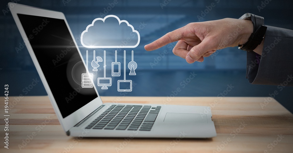 Poster hand using laptop with cloud icon and hanging connection devices