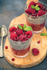Chia seed pudding with fresh raspberries and pomegranates