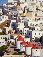 Fototapeta premium A close up of the windmills of Astypalaia with a zoom lens at daytime