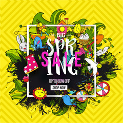 Cartoon hand drawn Doodle Big Spring Sale art with ink splash. For banners, posters, flyers, cards, invitations. Vector illustration. Colorful detailed background with objects and symbols.