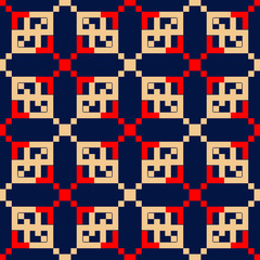 Geometric blue seamless pattern. Red and beige print