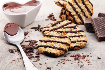 Chocolate cookies on stone table. Chocolate chip cookies shot.