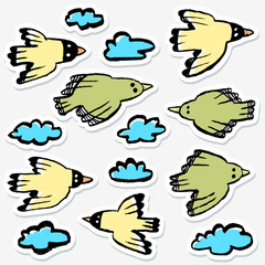 Stickers set with birds and clouds. Collection of funny flying animals in the sky. Vector illustration
