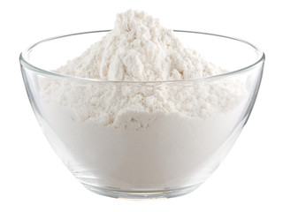 flour in glass container isolated on white background