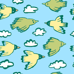 Seamless pattern with birds and clouds.Background  with funny flying animals in the sky. Vector illustration